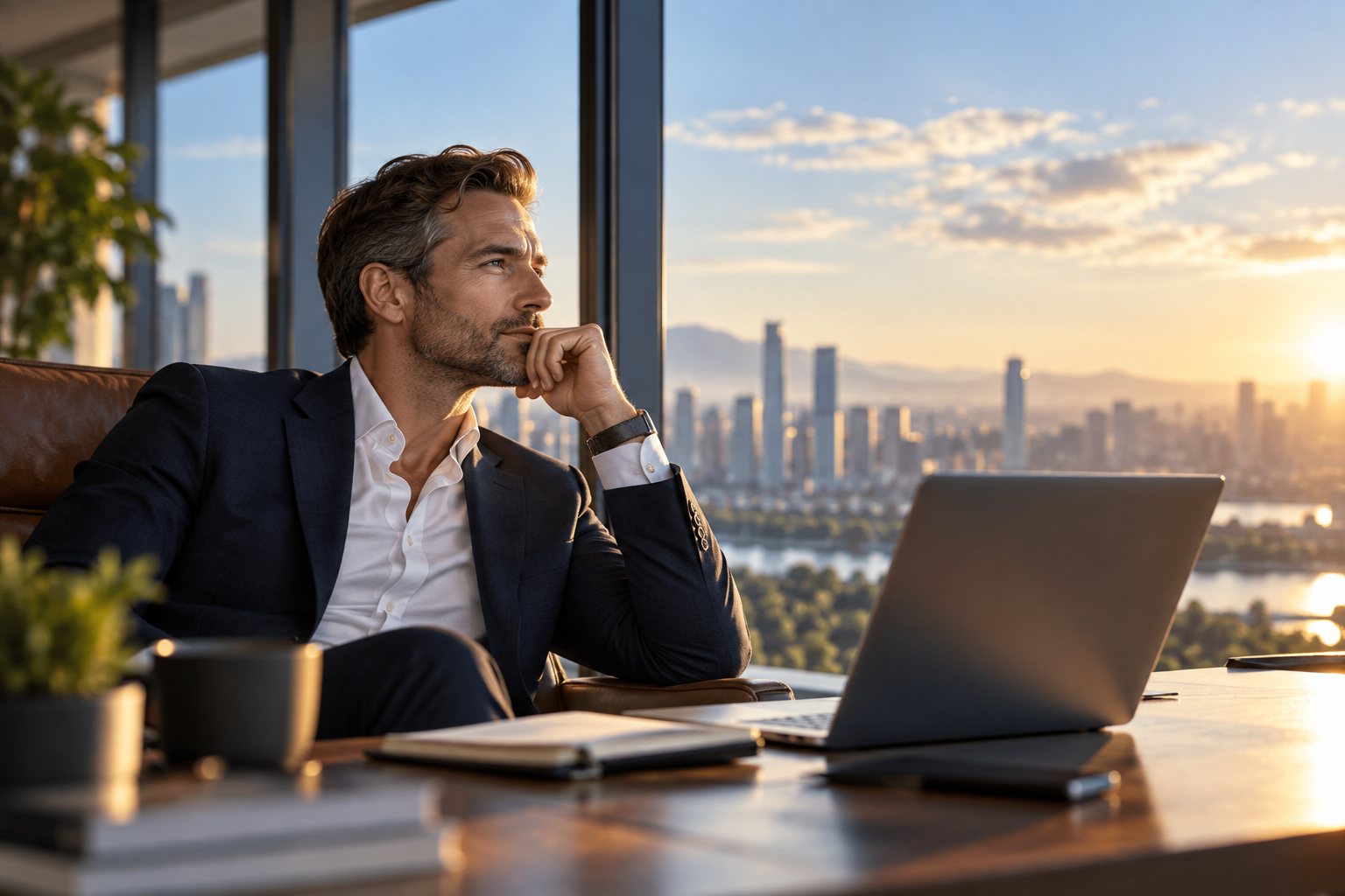 A business leader pausing at his desk, looking out over a city skyline in morning light
